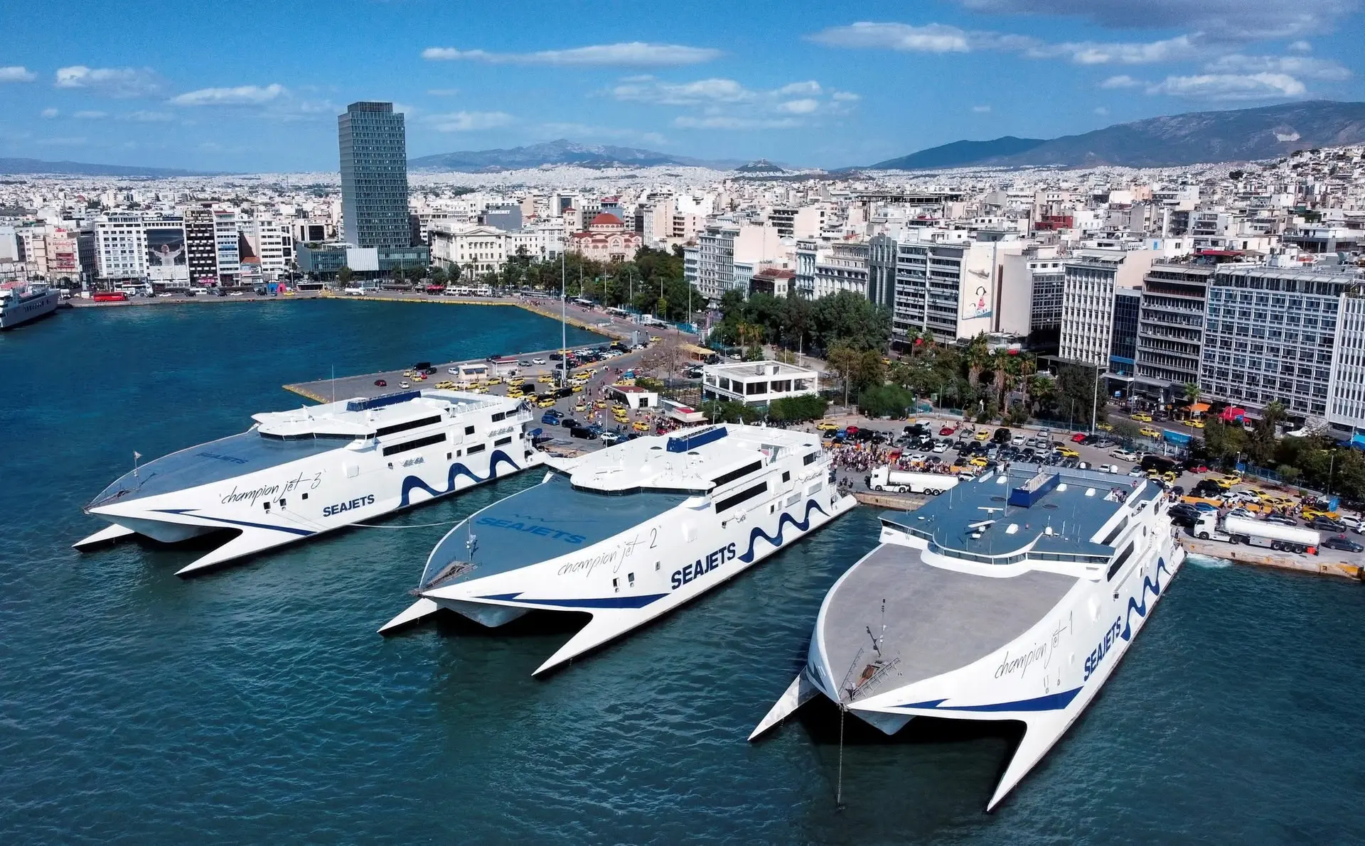 Seajets ferries docked at the Port of Piraeus, seen from above